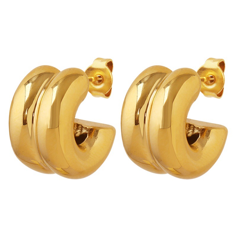 Pendientes de espejo de medio anillo de doble capa en forma de C para mujer pendientes chapados en oro de 18K accesorios de acero de titanio retro minimalista europeo y americano que no se desvanecen