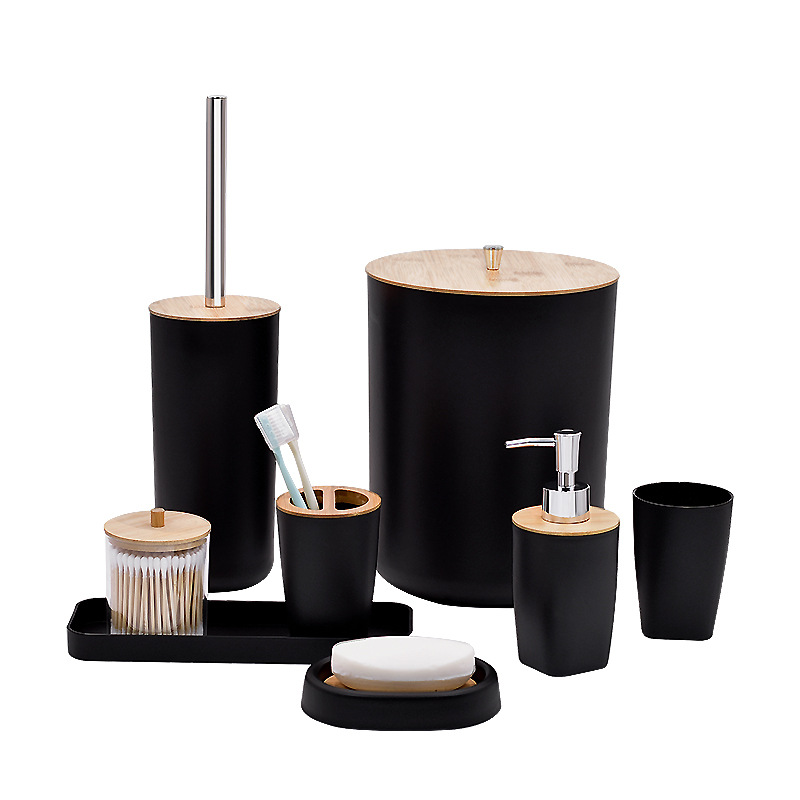 Productos de baño de bambú creativos de hotel de baño botella de desinfectante de manos taza de lavado conjunto de higiene set 4 piezas