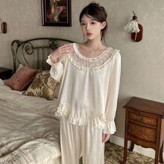 Yase【甜媚佳人】韩版春秋新品甜美公主风蕾丝花边荷叶边宽松睡衣
