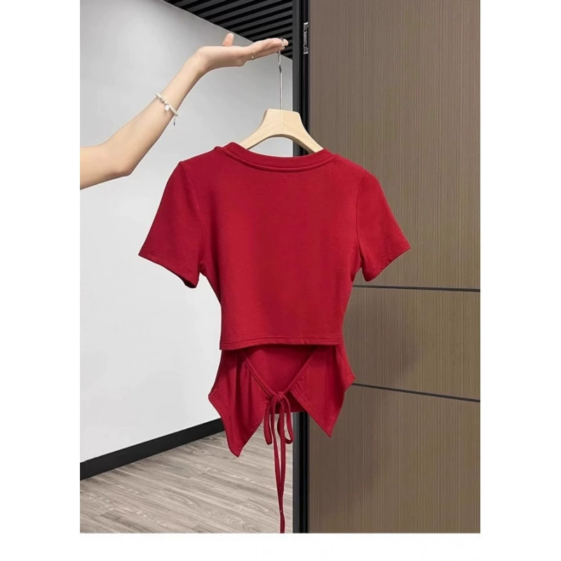 Сексуальная женская летняя облегающая футболка с короткими рукавами и асимметричным дизайном на шнуровке, красно-белая футболка на правое плечо, топ Pure Desire