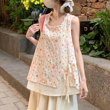 茶歇法式小清新刺绣花边无袖背心女夏季新款海边度假碎花边领上衣