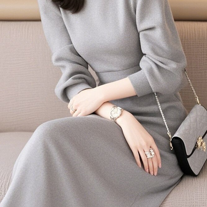 2026 Spring and Autumn New Style Chinese-Style Elegant Goddess-Style Long Dress for Formal Occasions Gray Knitted Dress