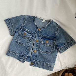 Gl-Kids K-Style Autum New Kidsren's Retro Distressed Denim Short-Sleeved Cardigan Men's and Women's British Style Jacket