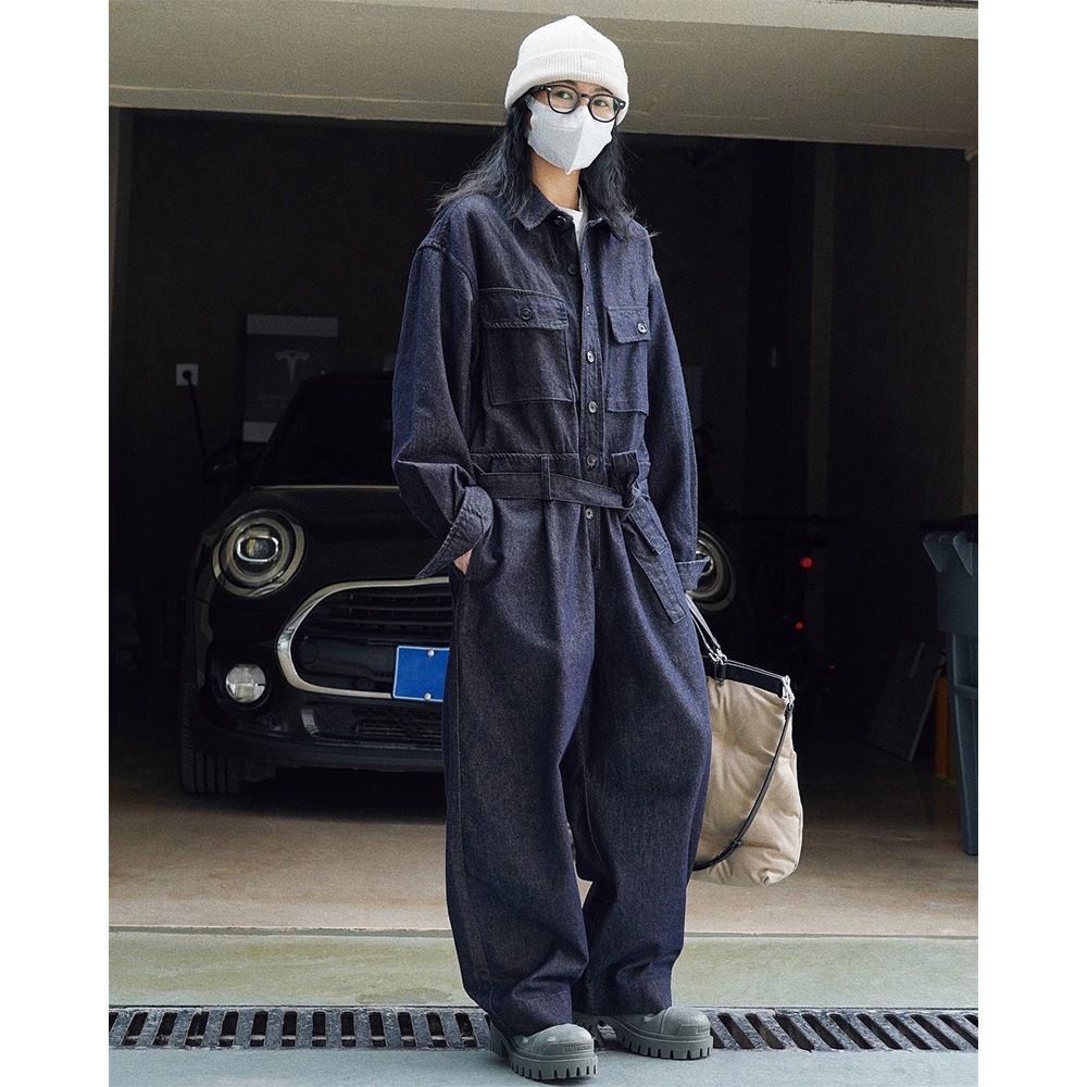 春季新款韩版街头感工装风牛仔连体裤宽松系带休闲连体衣裤女
