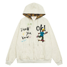 美式卡通滑板人物涂鸦格子拼接OK手势连帽卫衣情侣款街头小众外套