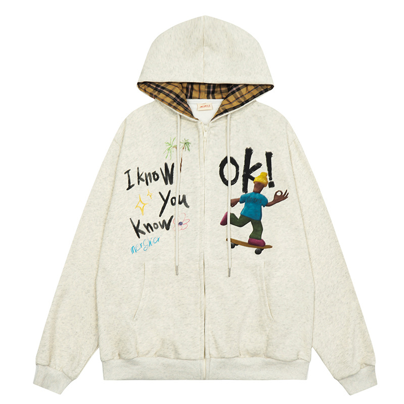 美式卡通滑板人物涂鸦格子拼接OK手势连帽卫衣情侣款街头小众外套