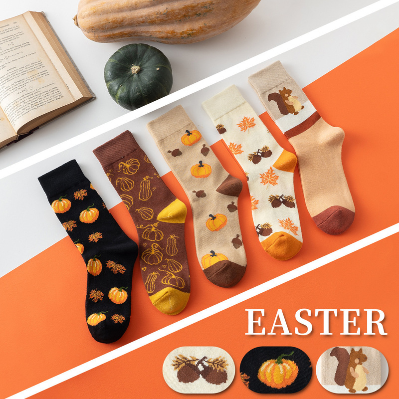 Halloween Cross-Border Mid-Calf Socks, Pumpkin, Squirrel, Maple Leaf Cartoon Trendy Socks, Wholesale from Zhuji Source Manufacturer