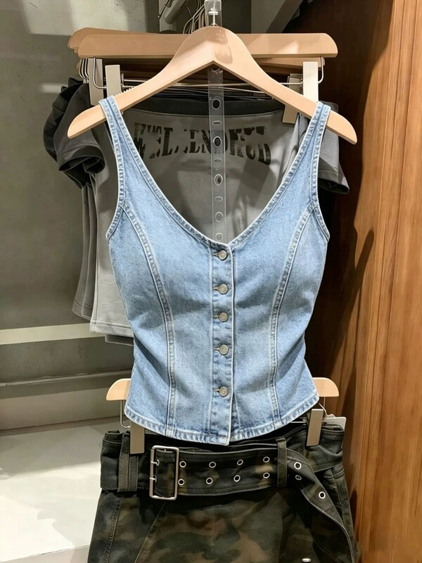 Korean-Style Chic Denim Camisole for Women, New Summer Casual Versatile Short Top for Petite Figures