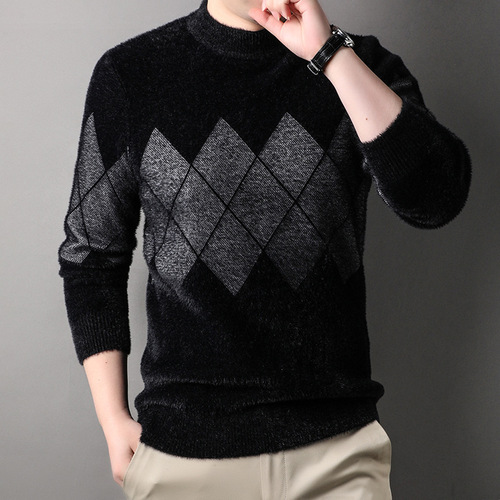 Cross-border mink fur men's sweater autumn and winter high-end thick half-high collar 2025 new warm base shirt wholesale