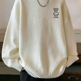 小熊印花毛衣男秋冬半高领慵懒风宽松套头针织衫潮牌加厚休闲外套