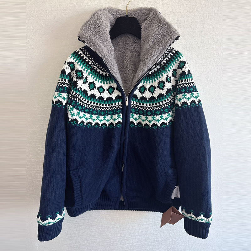 Miu Fleece-Lined Knitted Cardigan Women's Navy Blue Scandinavian Pattern Outwear Lamb Wool Lining Thickeneded Warm Top Women
