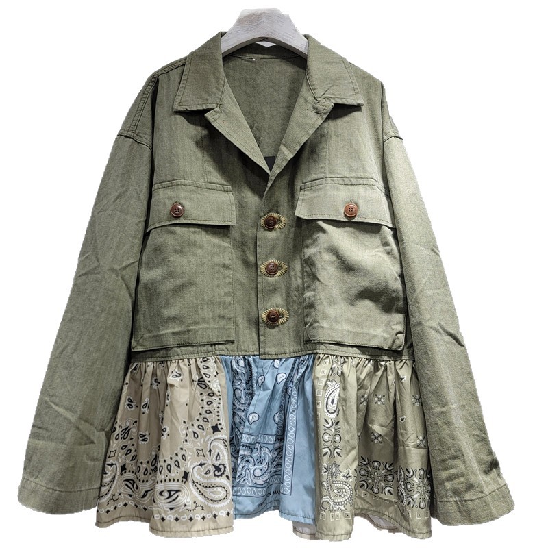 2025 otoño nuevo ejército verde empalme flor de caju color contraste chaqueta denim retro diseño sensación de nicho
