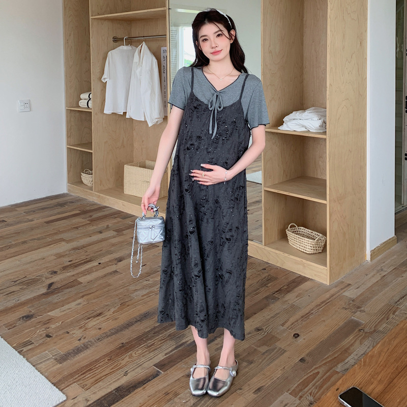 妊婦服夏の新作ファッションママvネック破れ気品ゆったりストラップワンピースストラップtシャツ2点セット|undefined