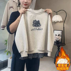 女童拼接格纹假两件长袖上衣中大童韩系宽松秋冬新款拼接套头衫潮