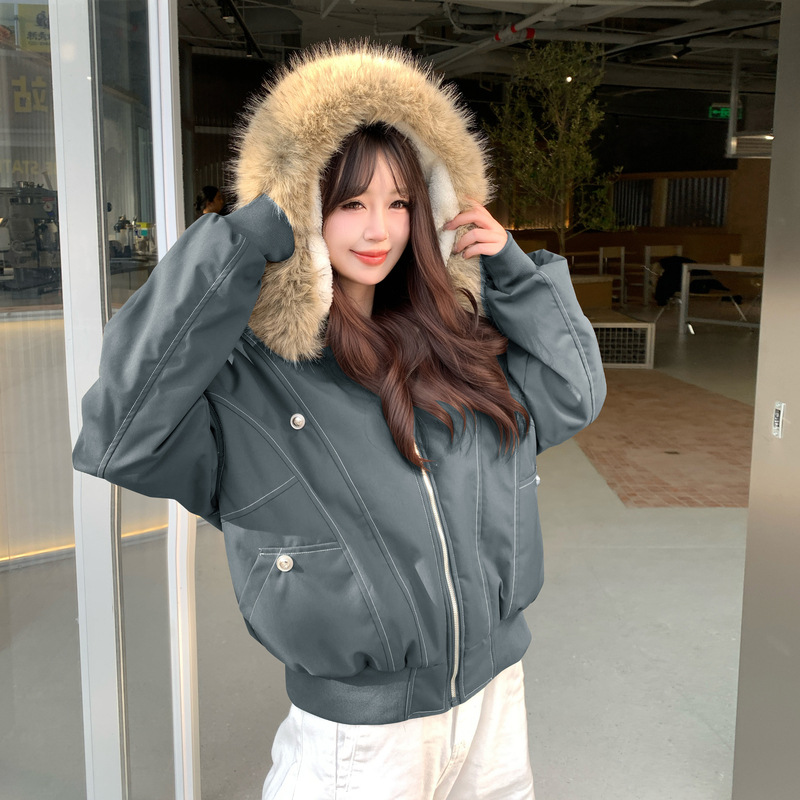 미국식 빈티지 좌산 조각 큰 털넥 면복 여성 겨울파 극복 헐렁하고 두꺼운