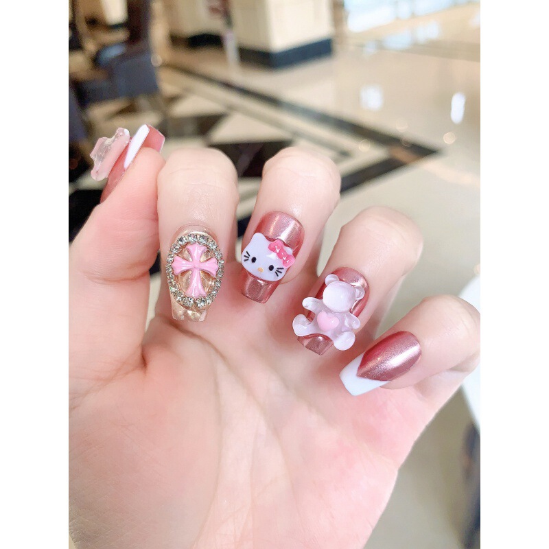 [Original Real Shot] Purely Handmade Wearable Nails Internet Celebrity Hello Kitty Manicure Patch Finished French Cute Hug Bear