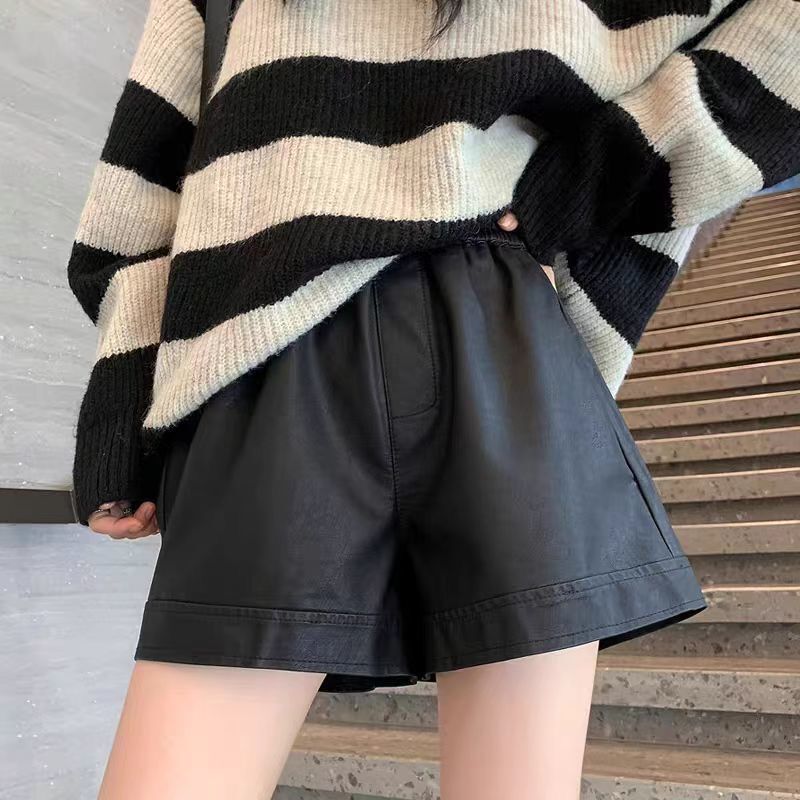 2025 Pu Leather Shorts High-Waisted Autumn and Winter New Simple Loose Wrinkle-Resistant Popular High-Waisted Wide-Leg Leggings Pants