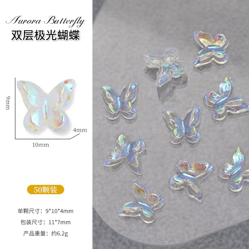 Red explosión de resina de manicura tridimensional permeable al hielo mariposa aurora fantasía doble capa mariposa joyas de uñas al por mayor
