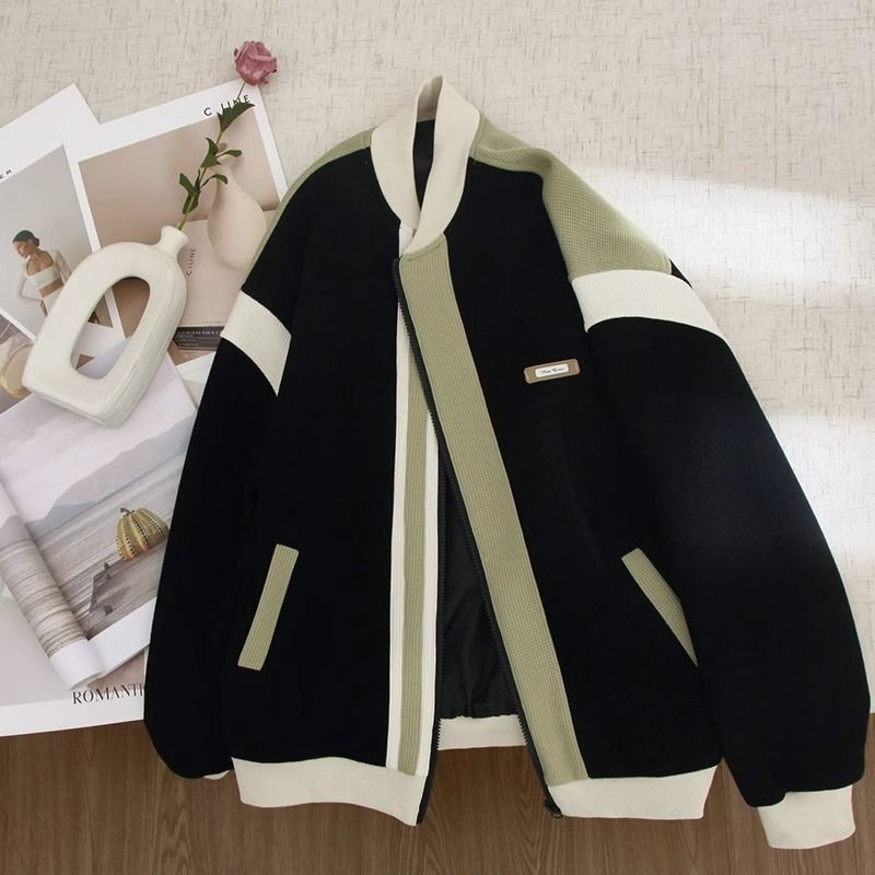 Extra Large Size American Retro Color-Blocking Baseball Jacket for Women, Spring and Autumn Waffle Jacket Top Trendy