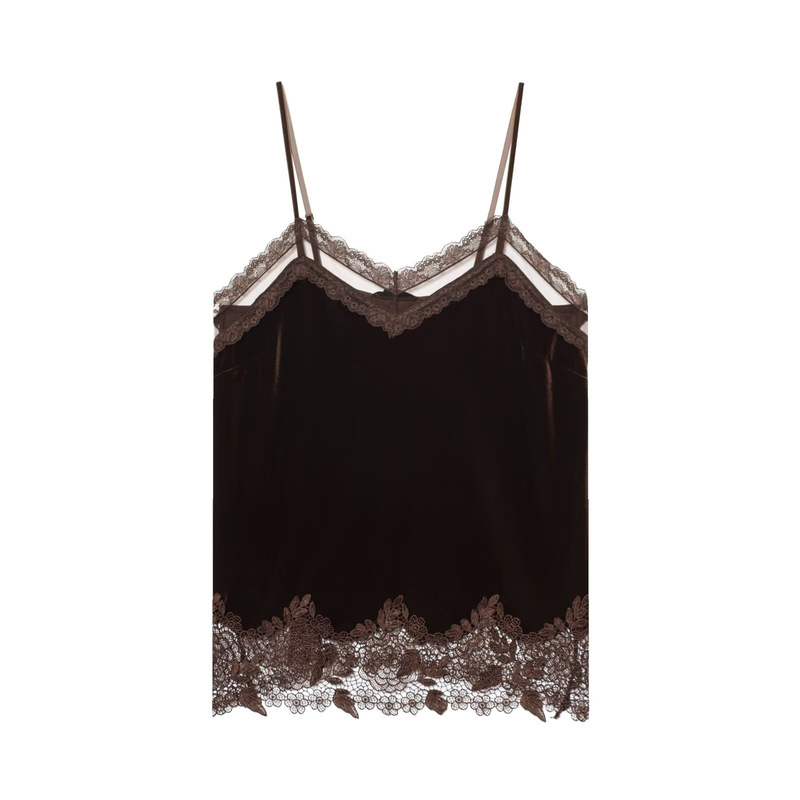 Cross-Border Spring and Summer New Style French Lace Spliced Velvet Camisole Women's V-Neck Slim Fit Inner Top