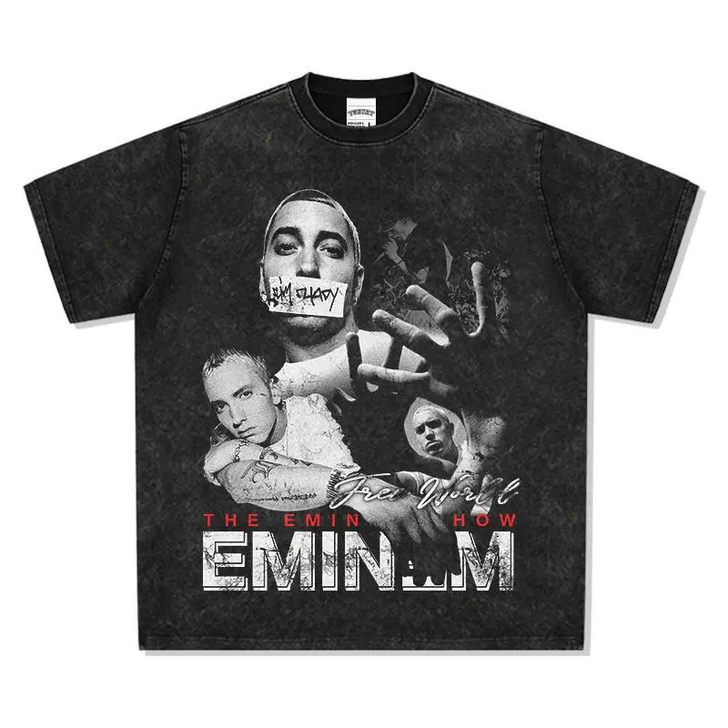 Cross-Border Cotton T-Shirt Men's and Women's Retro Hip-Hop Eminem Printed Short-Sleeved T-Shirt European Size Washed Loose Heavy Round Neck