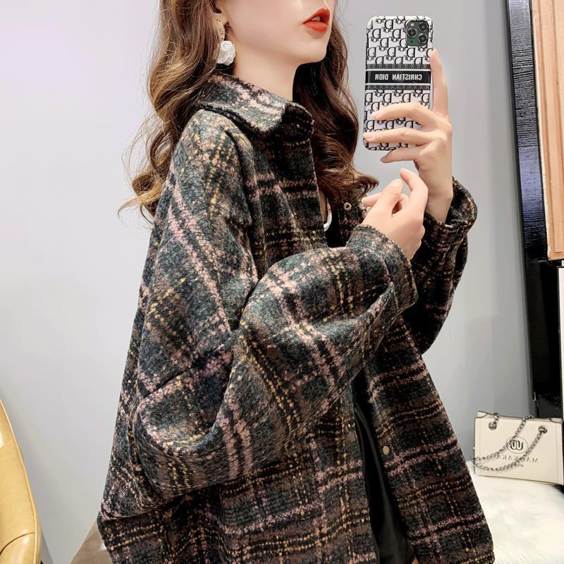 (2개) 빈티지 홍콩 스타일 INS 유행 가을 및 겨울 새로운 두꺼운 샌딩 느슨한 모직 재킷 여성의 긴 소매 체크 무늬 봉제 셔츠 T