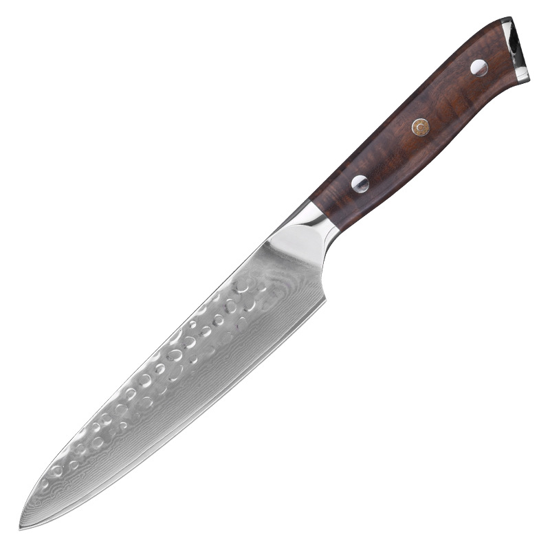 Juego de cuchillos de chef de 8 pulgadas y cuchillo multiusos de 5 pulgadas de acero de Damasco con patrón martillado de dos piezas, mango de madera de hierro arenado, caja de regalo para envío transfronterizo.