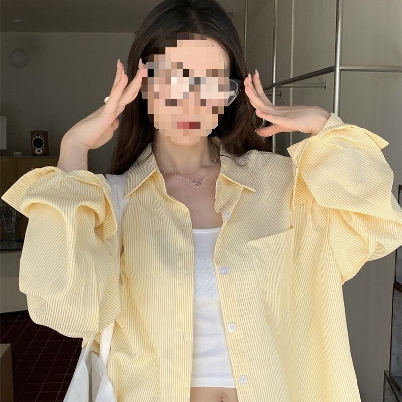 Spring Shirt Season, Back-To-School Yellow Embroidered Loose Jacket, Cardigan, Striped Long-Sleeved Casual Design Top, New Style Shirt Spring Shirt Season, Back-To-School Yellow Embroidered Loose Jacket, Cardigan, Striped Long-Sleeved Casual Design Top, New Style Shirt