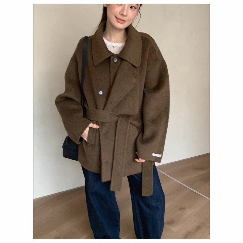 25 Kim Min-Hee's Same Style Double-Sided Hand-Sewn Cashmere Outwear for Women, Short Camel Velvet Outwear for Small People