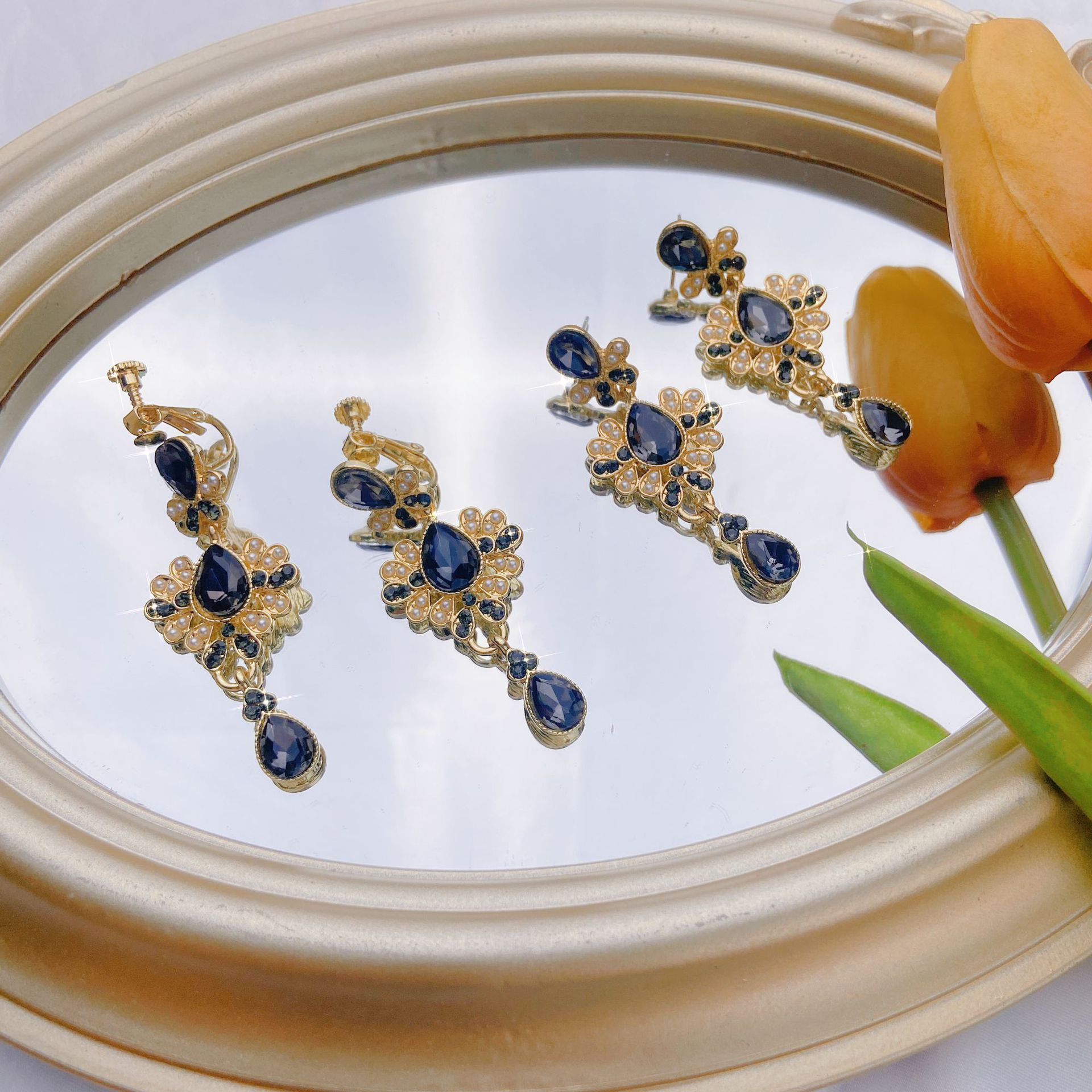 S925银针时尚气质宫廷巴洛克水滴镶嵌复古风黑暗萝莉名媛耳环耳钉