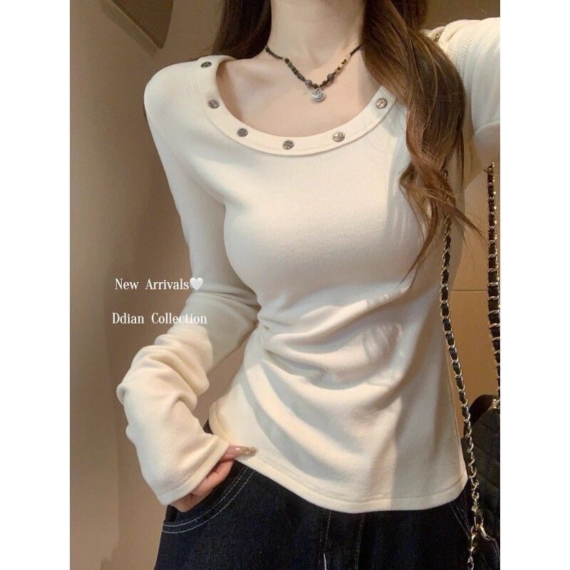 【Derong】Right Shoulder Rivet Long Sleeve T-Shirt for Women, Spring and Autumn Slim Fit Waist-Cinching Pure Desire Base Layer Hot Girl Top 【Derong】Right Shoulder Rivet Long Sleeve T-Shirt for Women, Spring and Autumn Slim Fit Waist-Cinching Pure Desire Base Layer Hot Girl Top