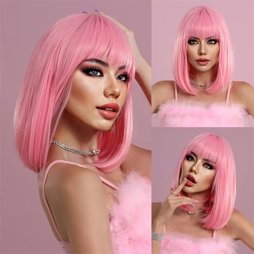 Female Short Straight Bobo Hair with Airy Bangs, Fashionable Shoulder-Length Lock Bone Hair, Overseas Trade Supply