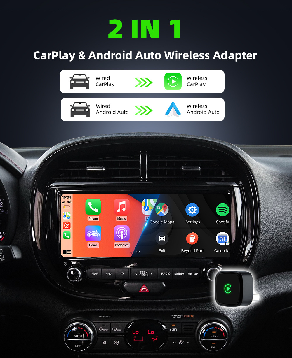 Original Car Wired-To-Wireless Carplay Box, Two-In-One Android Auto Smart Connectivity Box, Ultra-Small Plug-And-Play