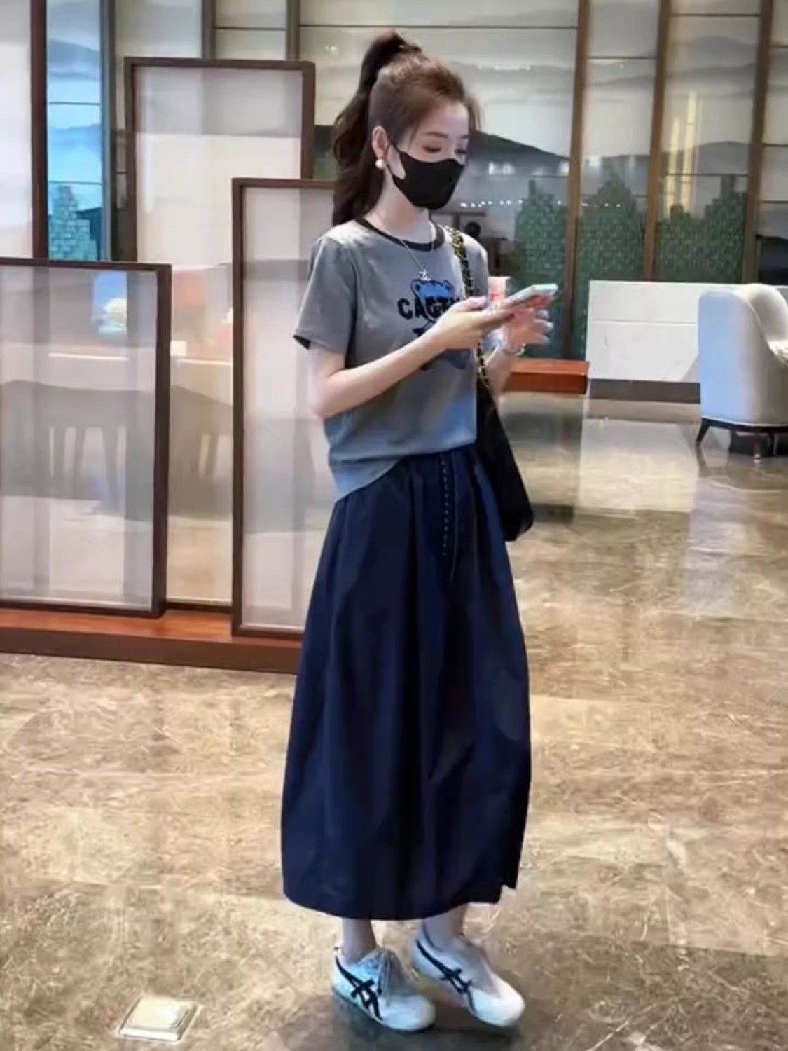 Áo thun nữ cổ tròn in chữ phối màu tay ngắn mùa hè 2026 — Trang phục [Áo+váy], Lời bài hát: Dark Blue (Single Half Dress), Lời bài hát: Grey (One Piece Top) chi tiết 1