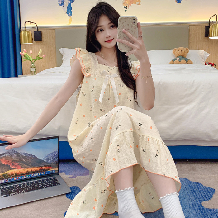 2024 verano vestido de pajama de mujer vestido largo suelto arco dulce dormitorio del campus se puede usar vestido de pijama rojo