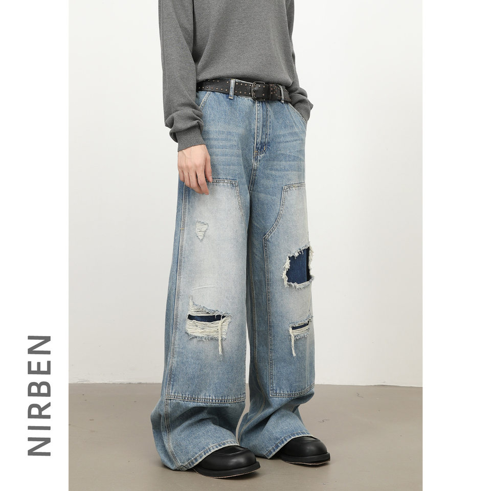 Quần jeans nam dáng rộng ống đứng phong cách Mỹ, wash xước rách phối vải — màu xanh