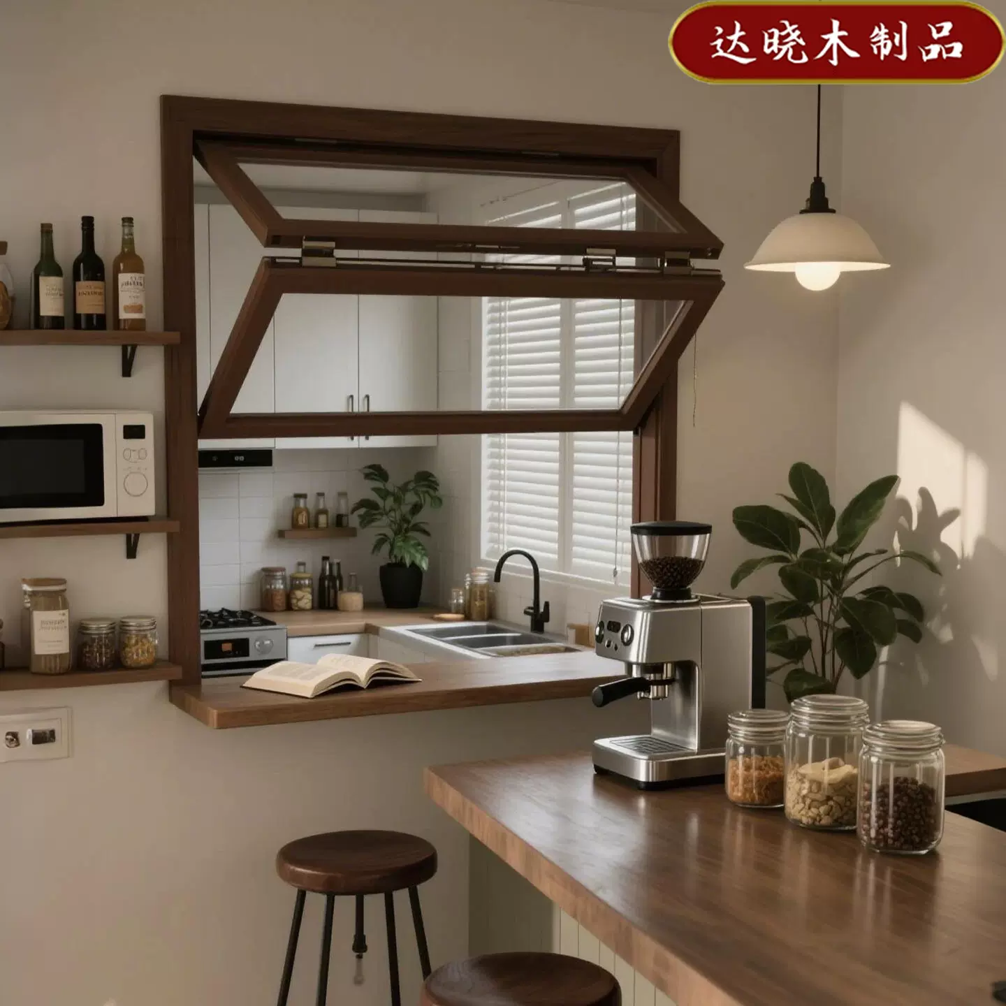 实木窗户折叠推拉窗 原木风简约提拉窗厨房玻璃室内门窗咖啡烘培