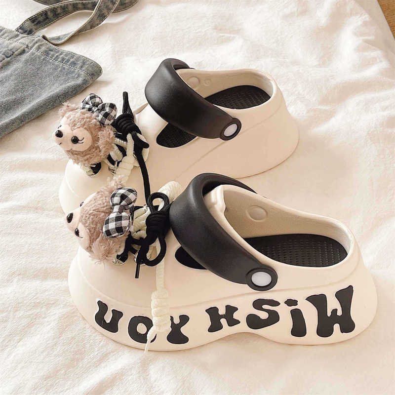 Croc Shoes Women's Summer Outer Wear Cute Cartoon Doll Straps Thick-Soled Heightening Beach Non-Slip Toe-Cap Sandals