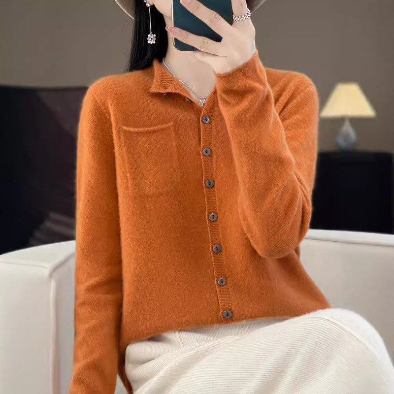 Ready-To-Wear Rolled-Edge Pocket Cardigan with Stand Collar, Pure Wool Knit Multi-Button Top, Base Layer Cashmere Sweater for Women with Three-Dimensional Pattern