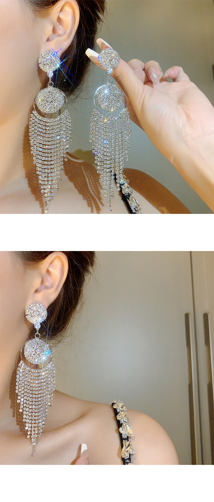 Retro full diamond long tassel earrings for women in Europe and America, exaggerated temperament, earrings, high-end feeling, light luxury earrings_voghion.com