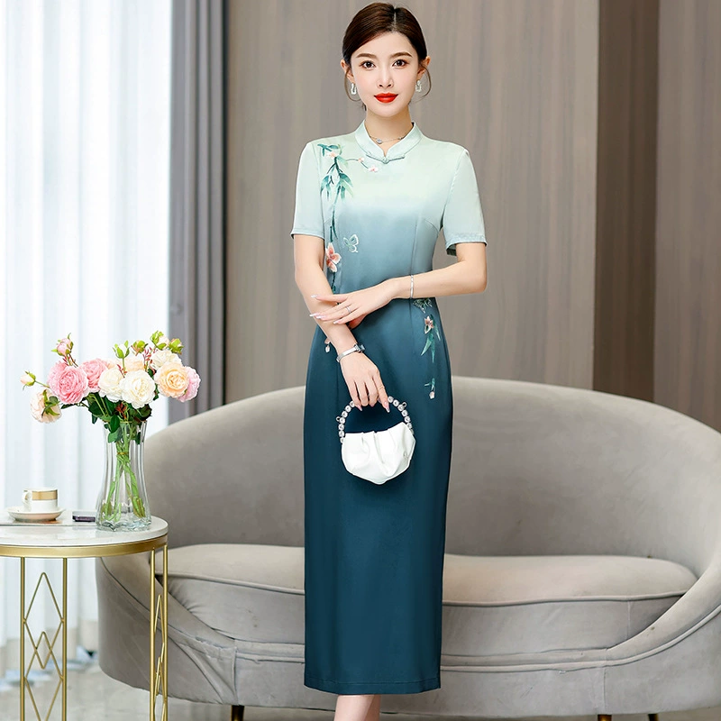 Летнее Новое Элегантное женское длинное зеленое градиентное платье-Чонсам в китайском стиле с вышивкой в стиле ретро и короткими рукавами