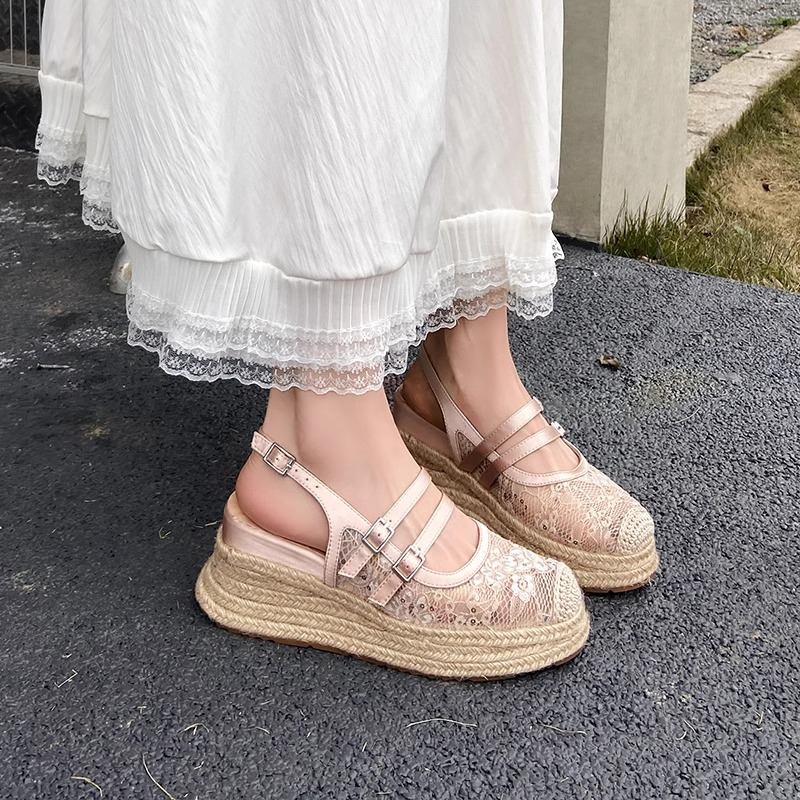 Piel de oveja versión 2025 nuevo verano Baotou sandalias mujer encaje malla hueco transpirable zapatos de plataforma zapatos de pescador tejido de paja