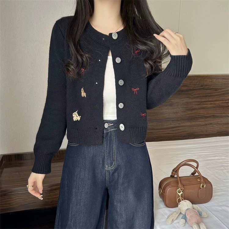 Мультяшная вышивка белый бант свитер куртка женская весна и осень