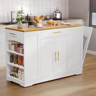 Modern Minimalist Kitchen Island Table Multifunctional Storage Space Side with Garbage Cabinet Storage Rack Sturdy Stable White