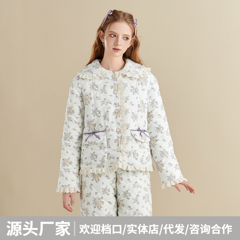冬季三层夹棉睡衣女碎花甜美时尚女生冬天加厚保暖家居服套装省服