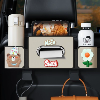 In-Car Tissue Box Hanging Storage, Car cup holder/beverage holder - off-white-nice-bear-series-4th-generation-seat-storage-box