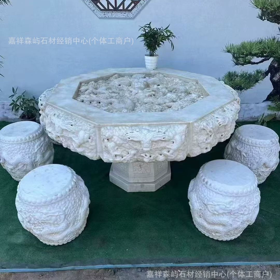 Каменный стол для резьбы по камню Каменный табурет из белого мрамора Каменный стол и стулья Комбинация Вилла Сад Античный Каменный стол Панлонг