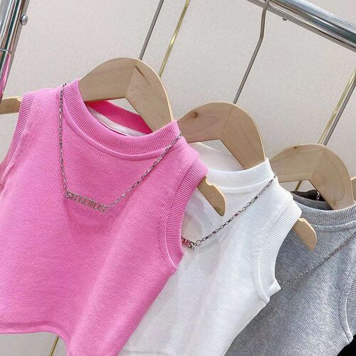 Ladies' Summer Tank Top T-Shirt for Kids, Baby Trendy Children's Personality Fashion Brand, Korean Version Necklace, Solid Color, Internet Famous Stylish Top
