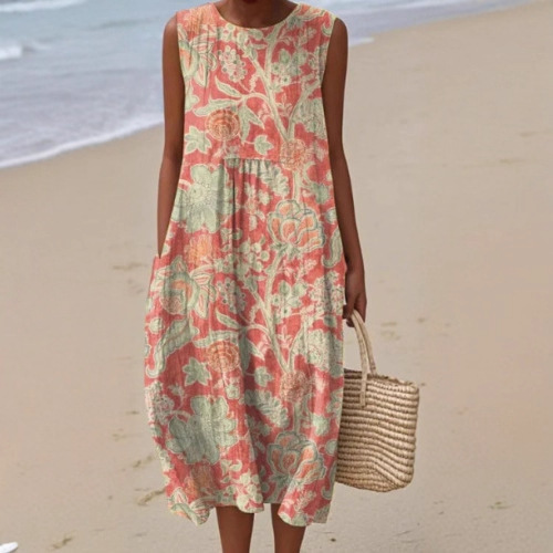 New European and American Spring and Summer New Sleeveless Casual Printed Elegant Long Skirt Dress Slim Fit Small Fresh Casual Skirt