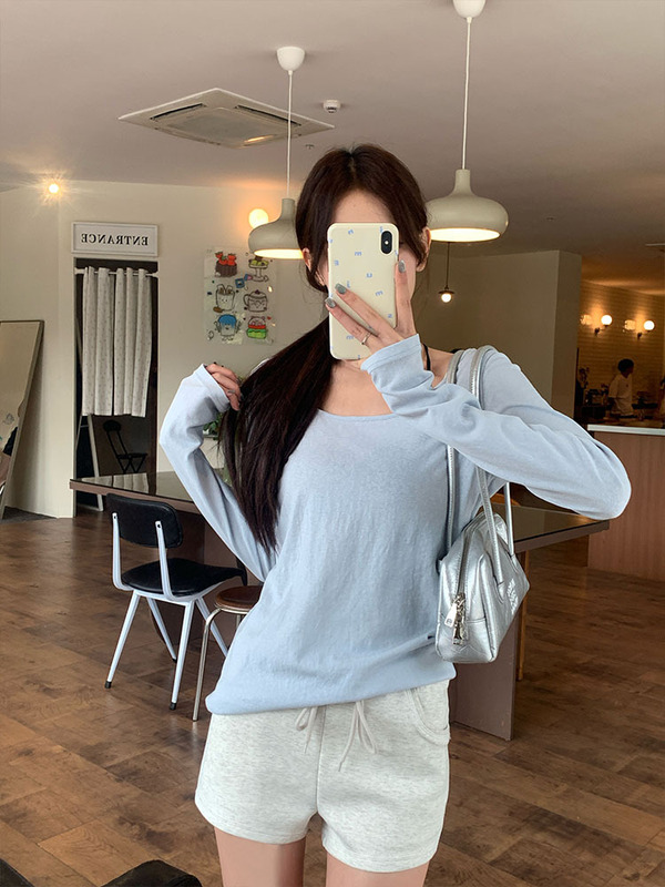 宋正恩蓝色轻薄防晒罩衫女长袖t恤秋季小个子宽松韩系慵懒风上衣|undefined
